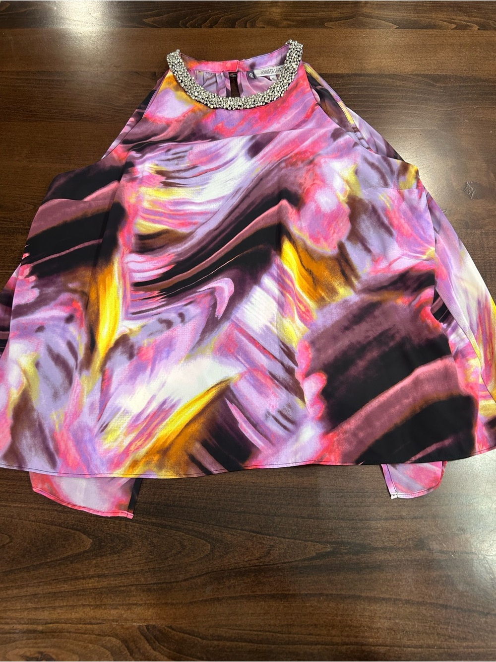 Jennifer Lopez Pink, Yellow & Black High-Low Skirt with Jeweled Neckline